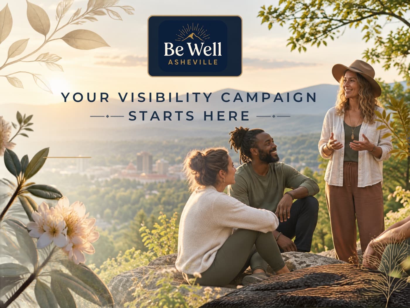 Be Well Asheville — your visibility campaign starts here, over a Blue Ridge Mountains overlook at sunset