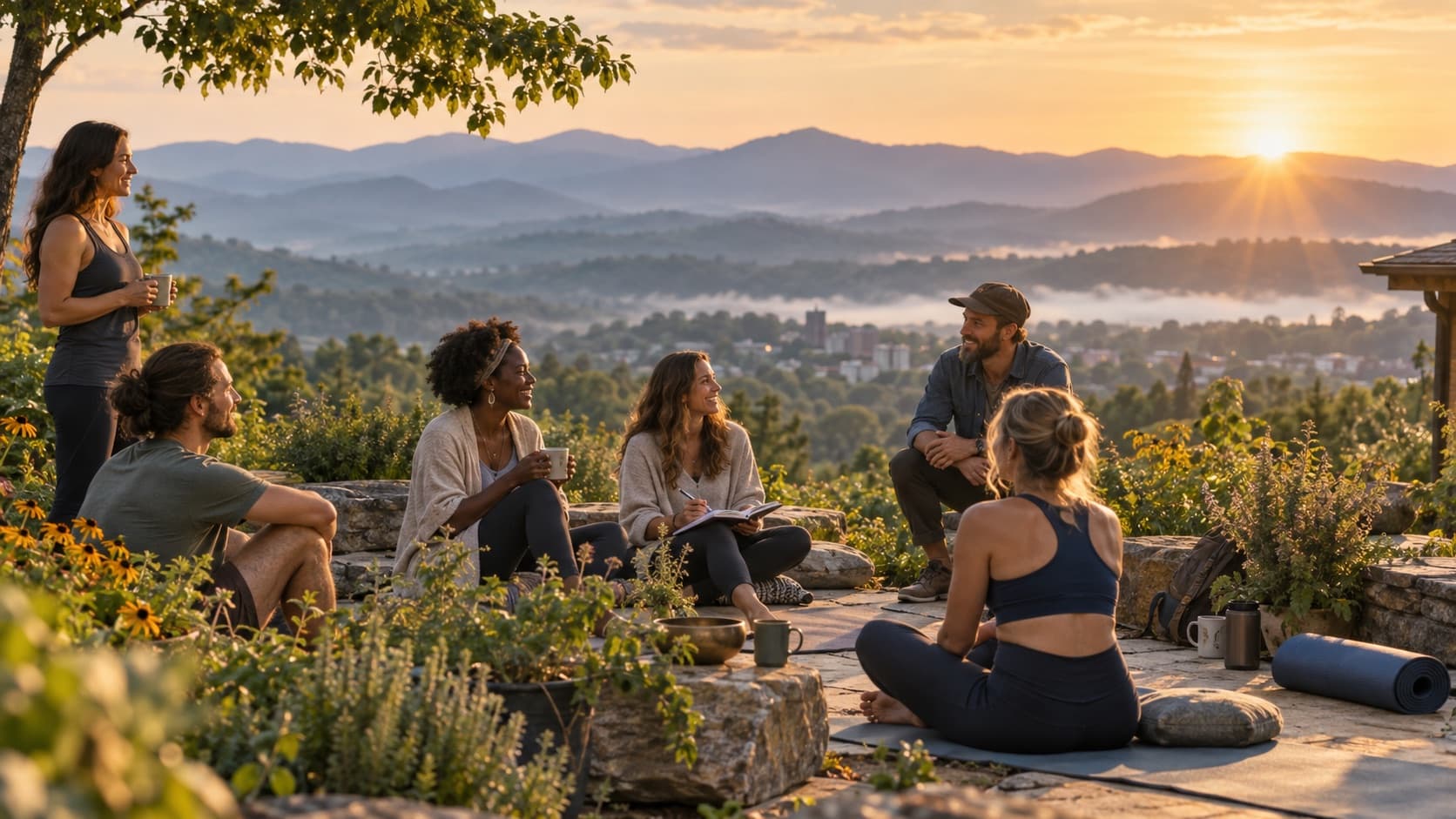 A small group of wellness professionals gathered outdoors on a Blue Ridge Mountains overlook at sunrise, near Asheville