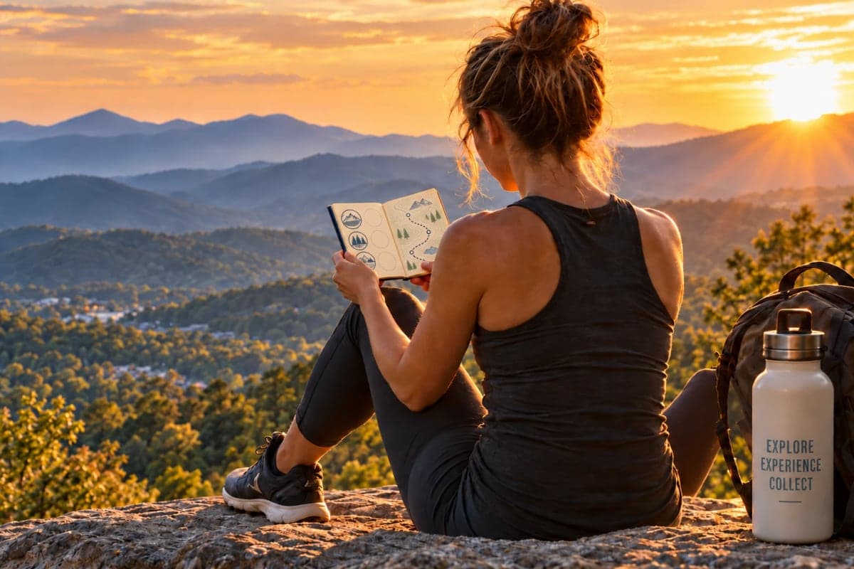 A hiker at sunset above the Blue Ridge Mountains, reading a Be Well Passport trail-map booklet with collected stamps